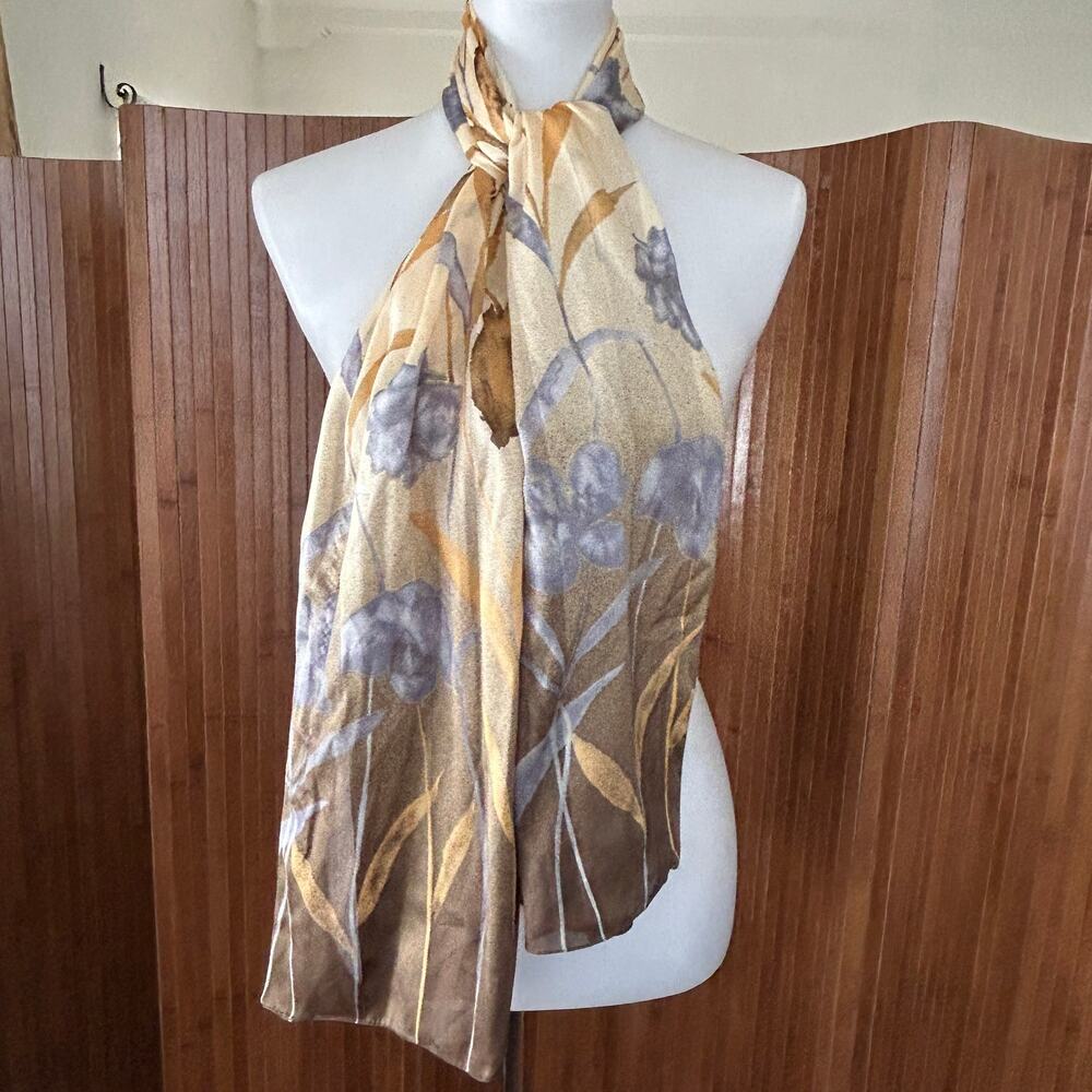 Vintage 90s Watercolor Botanical Silk Scarf Gold and Slate Blue